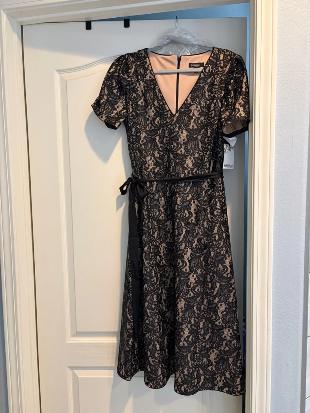 Kensie Black Beaded sequined Lace Overlay Midi Dress with Nude Lining - Picture 1 of 7